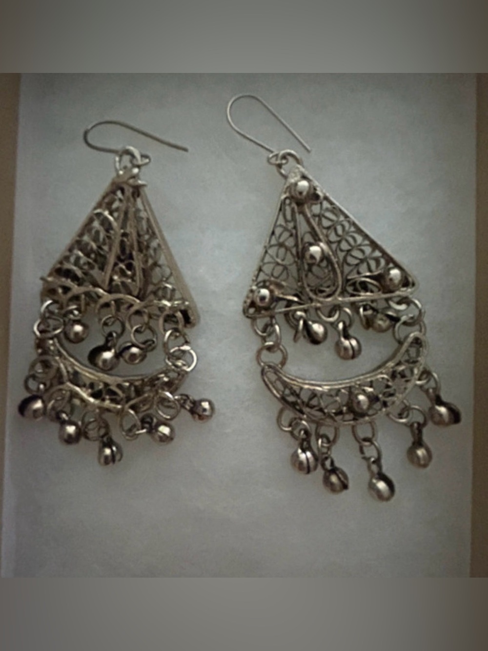 Intricate Silver Filigree Chandelier Earrings with Dangle Beads